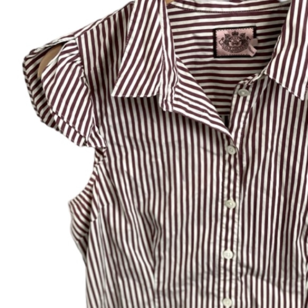 Juicy Couture Burgundy & White Striped Ruffle Sleeve Button Down Top NWOT - Picture 2 of 5